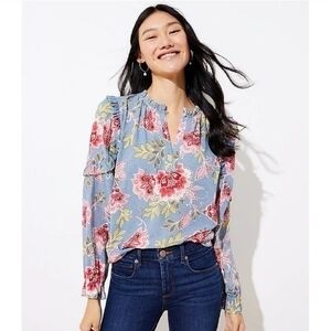 NWT LOFT Blue Garden Ruffle Split Neck Blouse